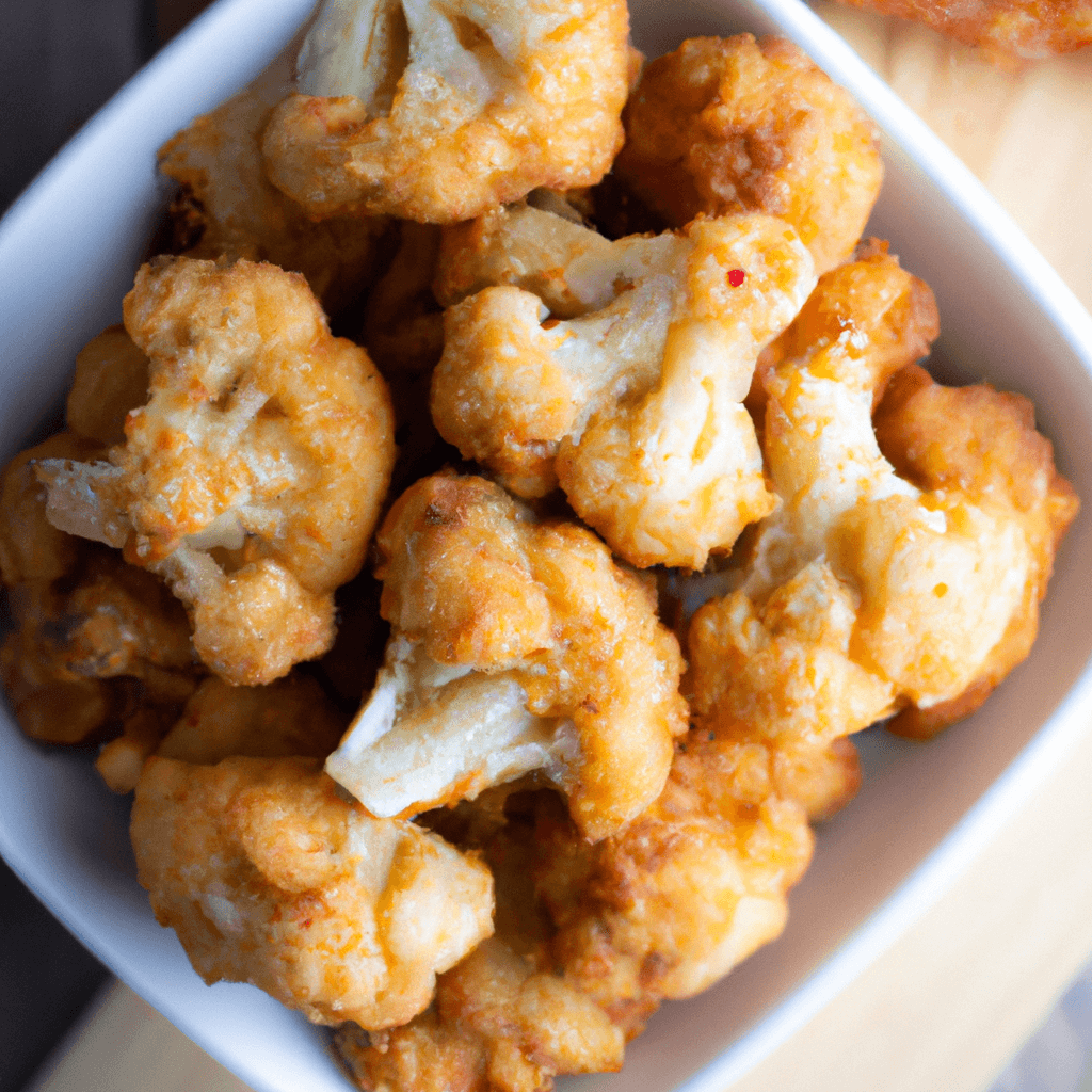 A plate of golden and crispy air fryer cauliflower wings served with a dipping sauce.