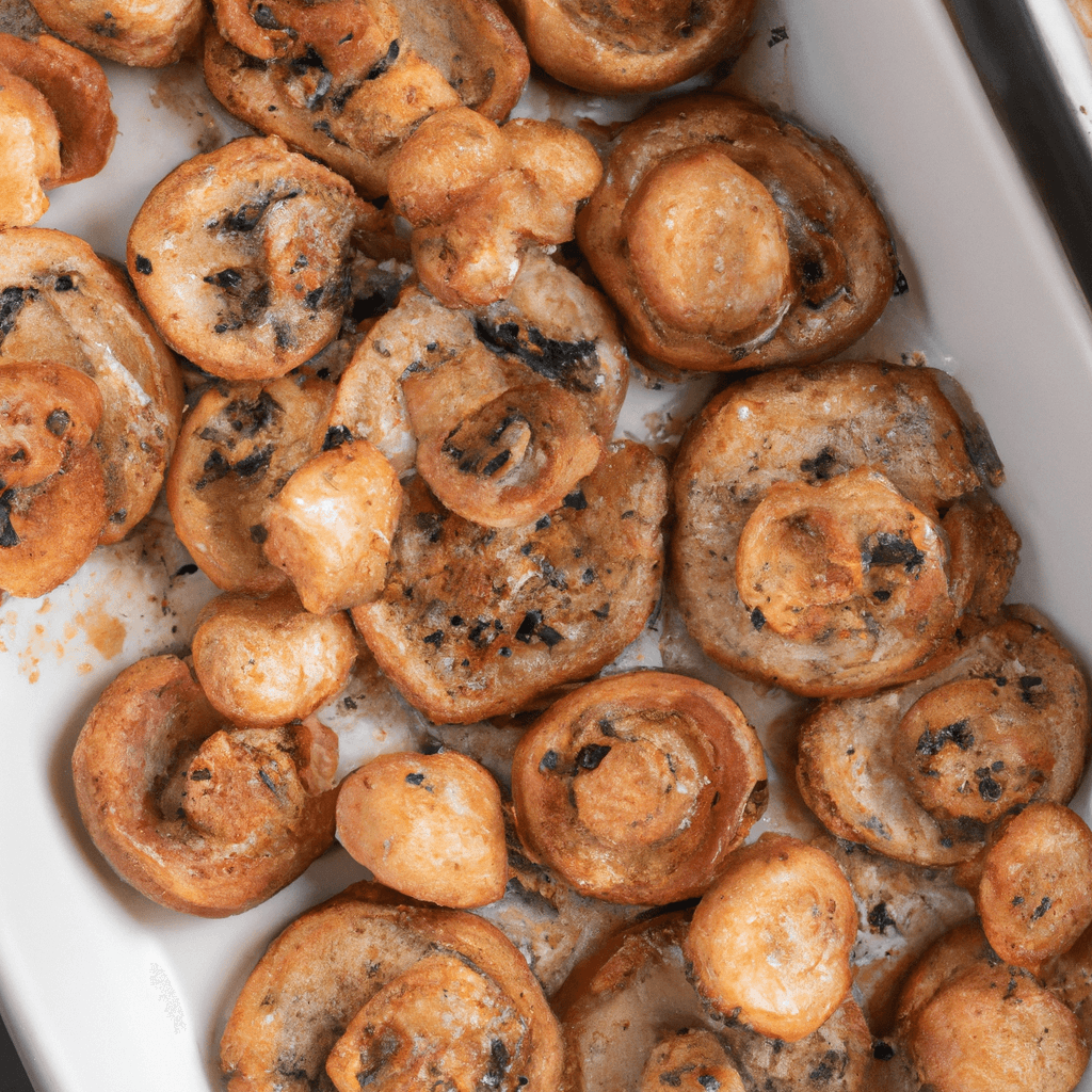Air fryer basket with evenly cooked garlic button mushrooms
