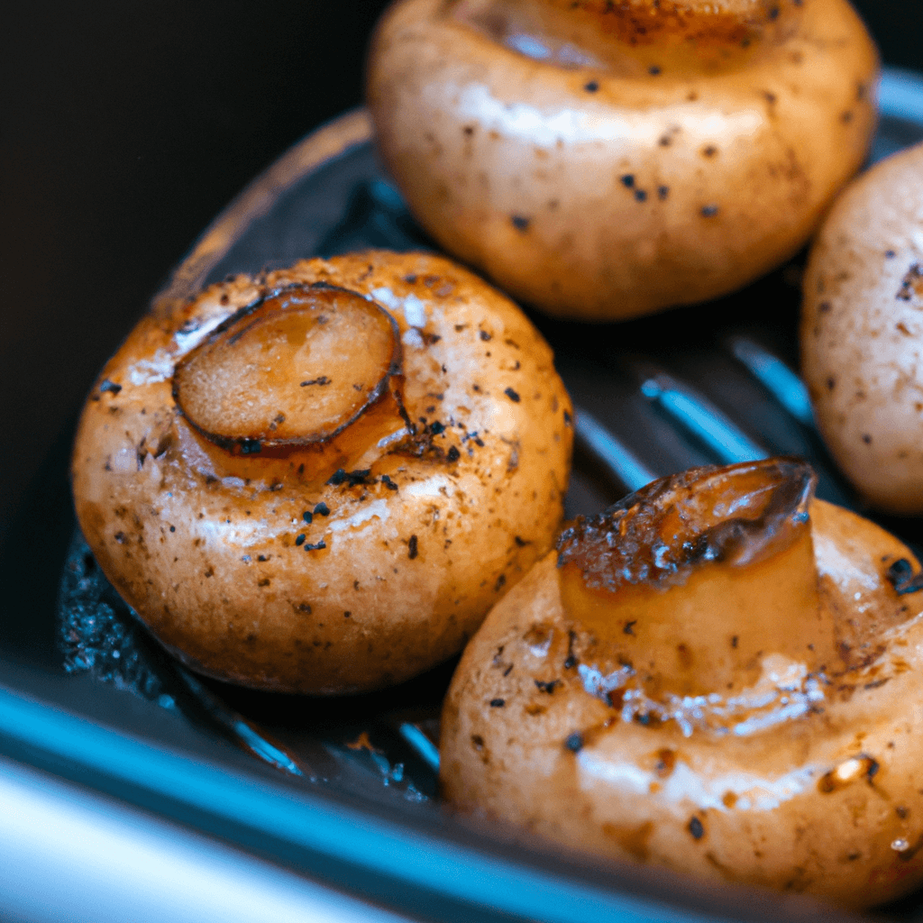 A bowl of crispy air fryer garlic mushrooms on a wooden table