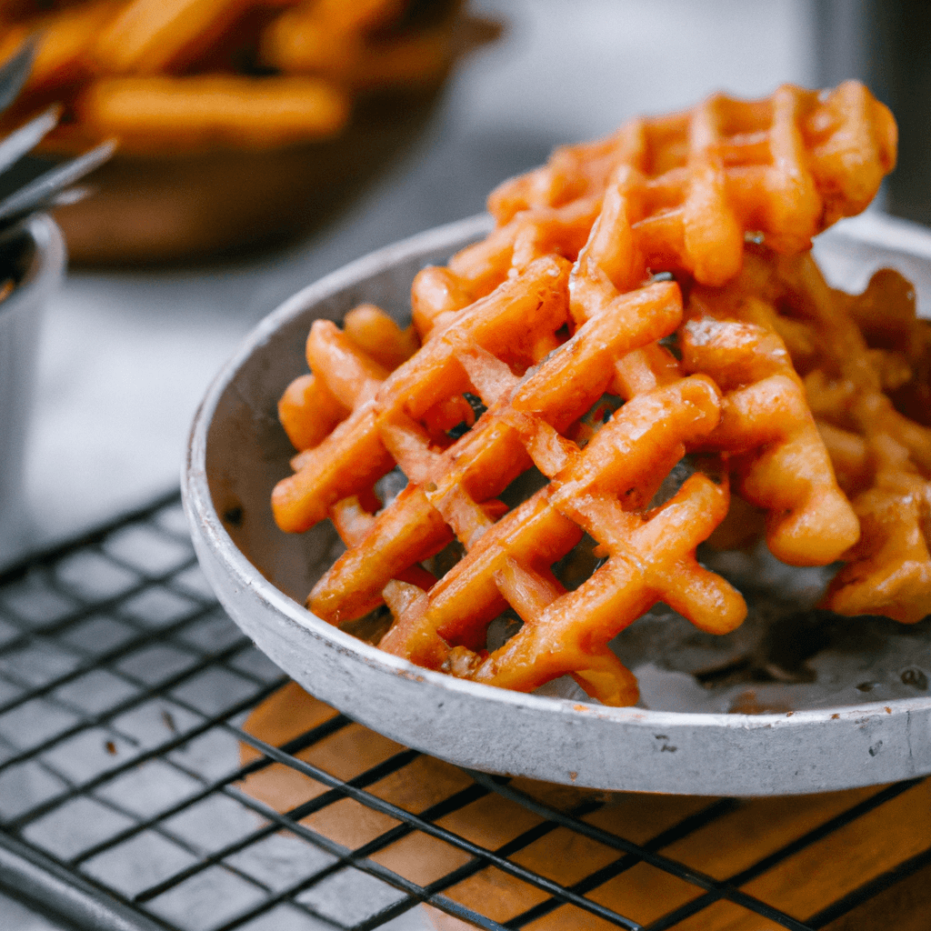 Air fryer basket with golden brown waffle fries ready to serve.