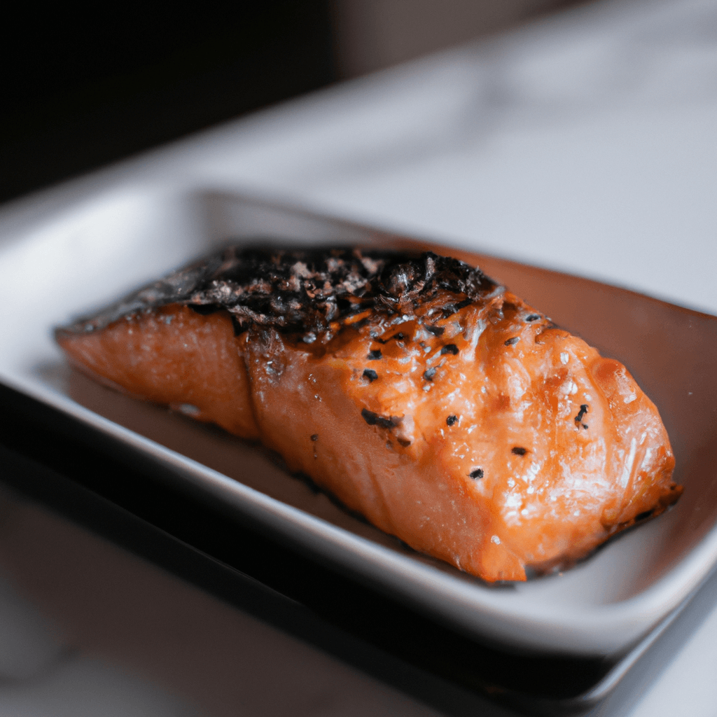 Air fryer basket with perfectly cooked golden teriyaki salmon fillets sprinkled with sesame seeds