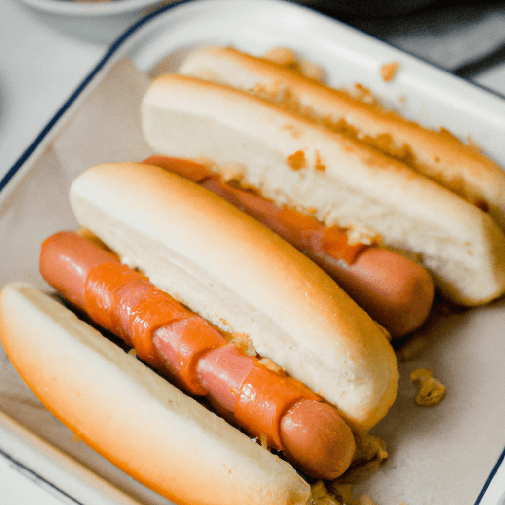 Air fryer basket with cooked hot dogs ready to serve
