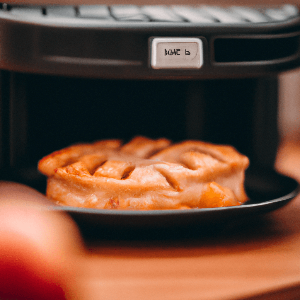 Golden mini apple pies in an air fryer basket, ready to serve