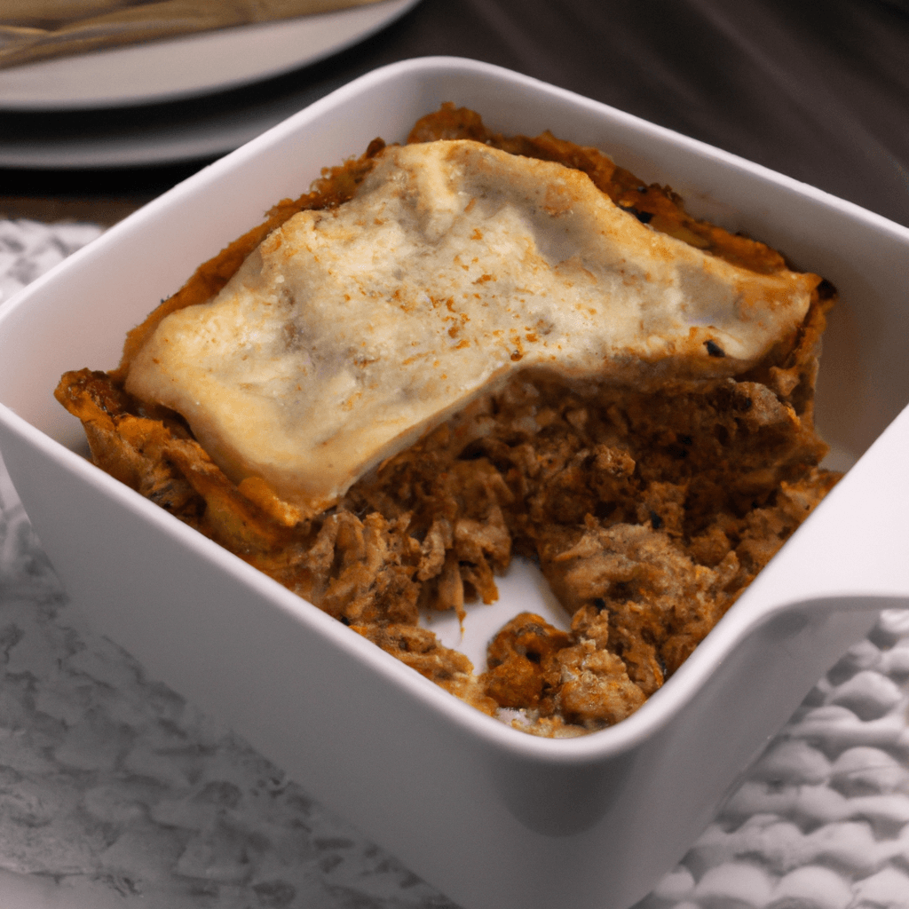 Close-up of lasagna slices showing crispy top and juicy interior in an air fryer.