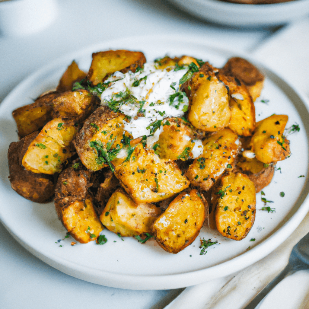 Close-up of crispy potatoes being flattened with a spoon