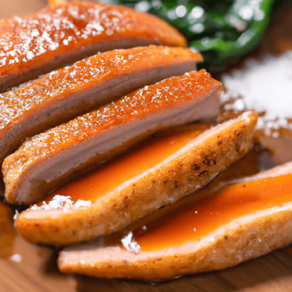 Juicy air fryer duck breast with crispy skin rests on a cutting board.