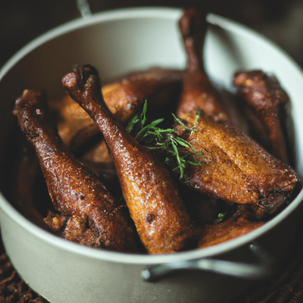 Juicy duck legs cooked in an air fryer served on a rustic wooden platter