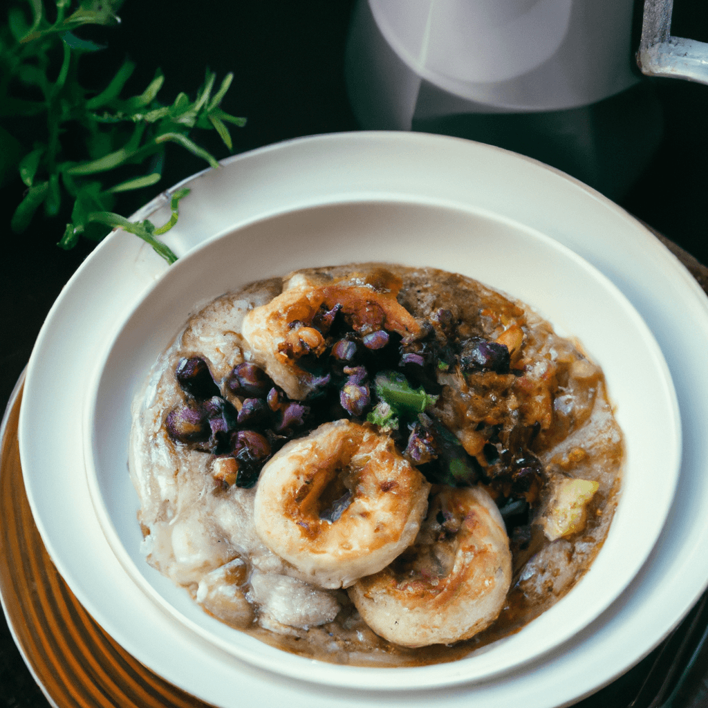 A bowl of creamy air fryer porridge topped with fresh fruit and a sprinkle of cinnamon.