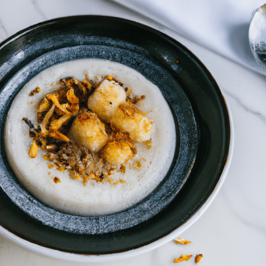 An air fryer basket containing a non-stick ramekin filled with cooked porridge.
