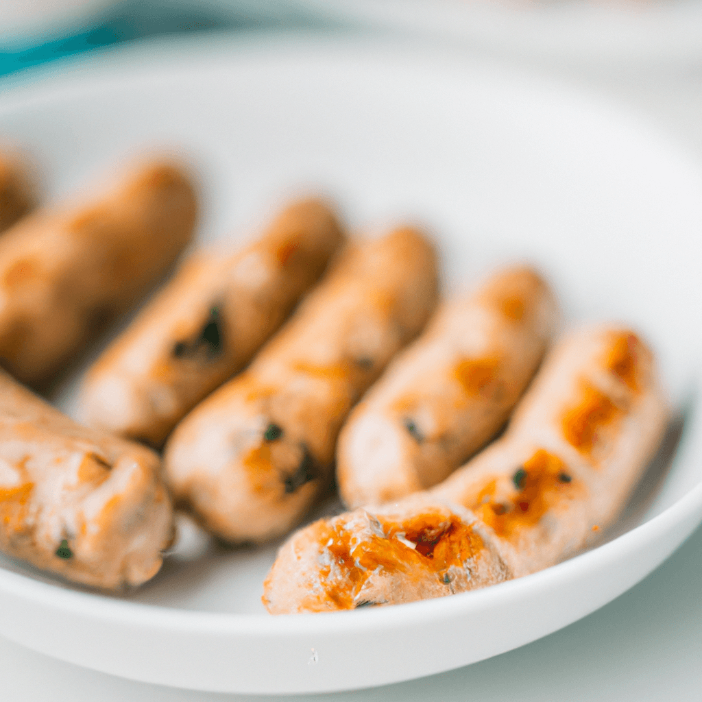 Air fryer basket filled with ready-to-eat chicken sausages
