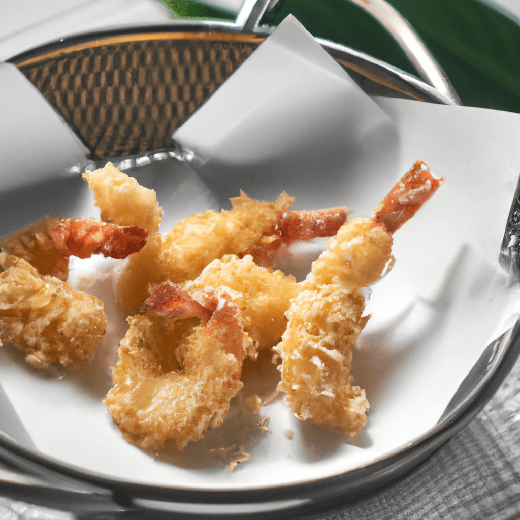 Close-up of battered prawns cooking in the air fryer basket.