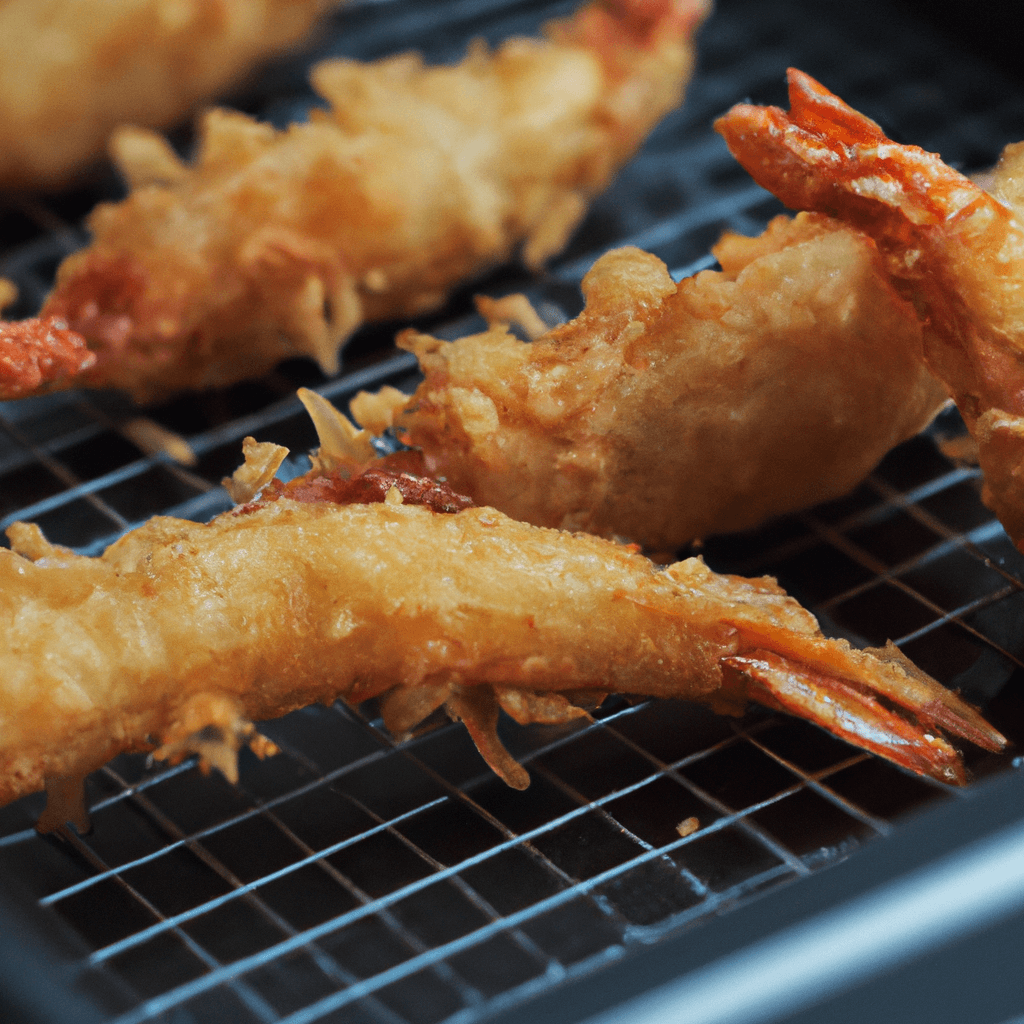 Golden brown tempura prawns freshly cooked in an air fryer, served on a white plate.