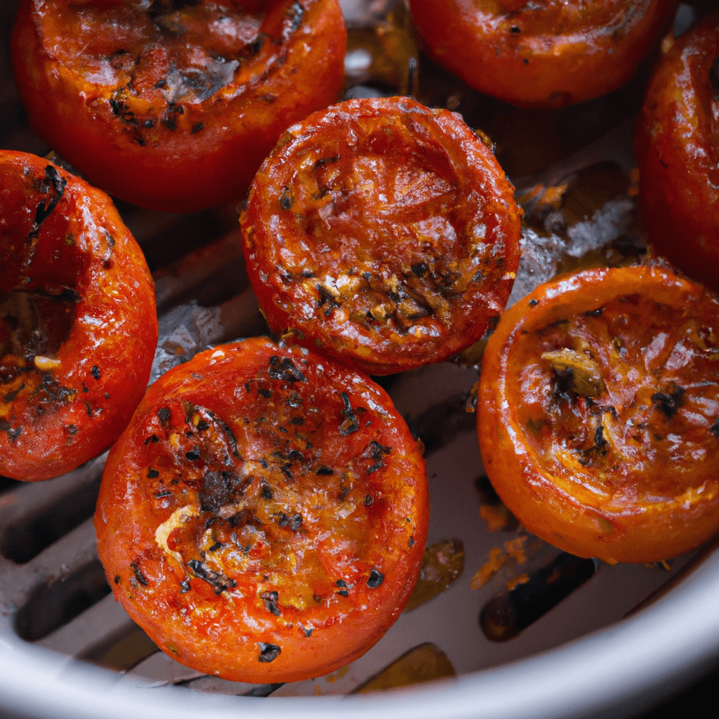 Freshly roasted tomatoes in an air fryer basket