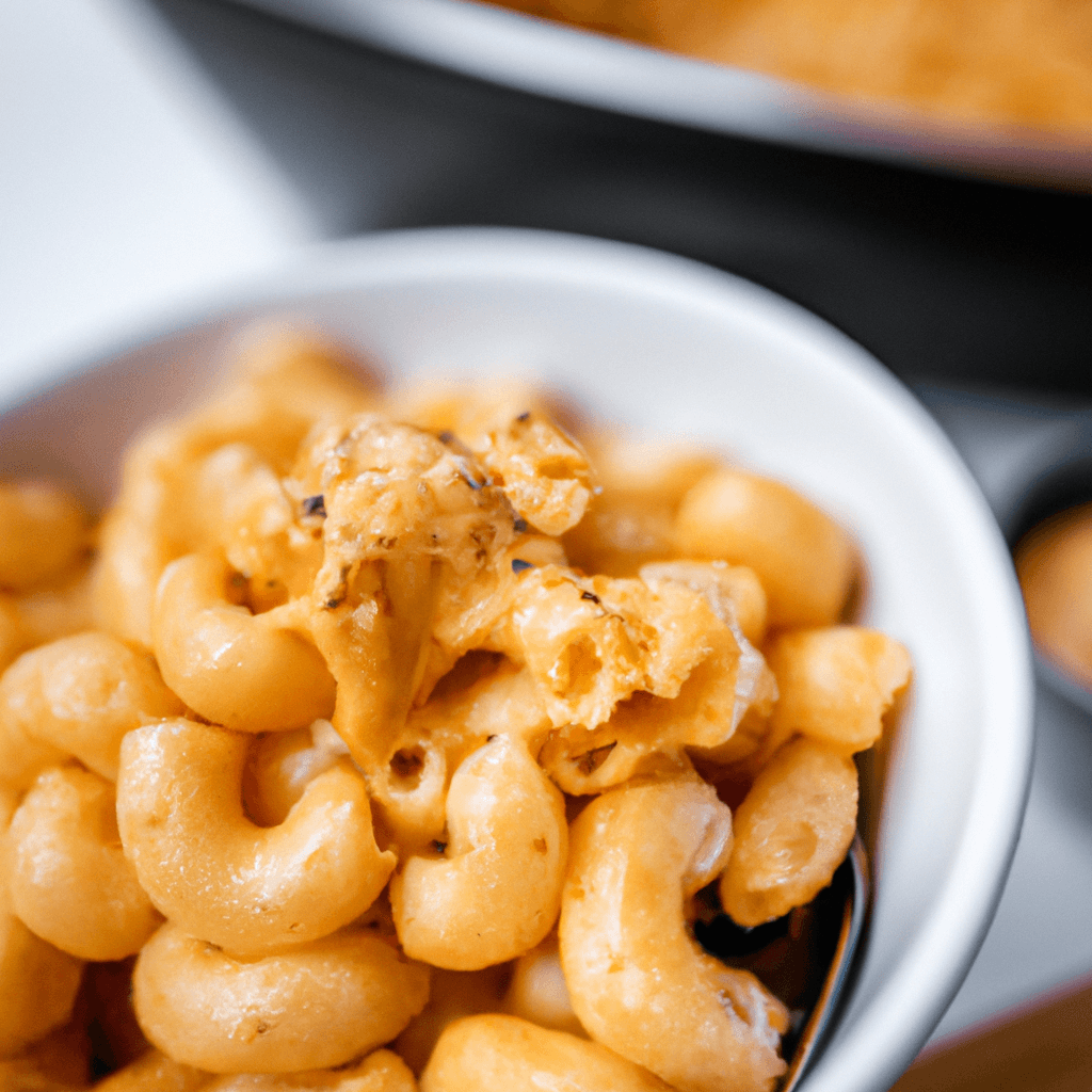 Close-up of pasta elbows coated in a rich cheese sauce, ready for the air fryer.
