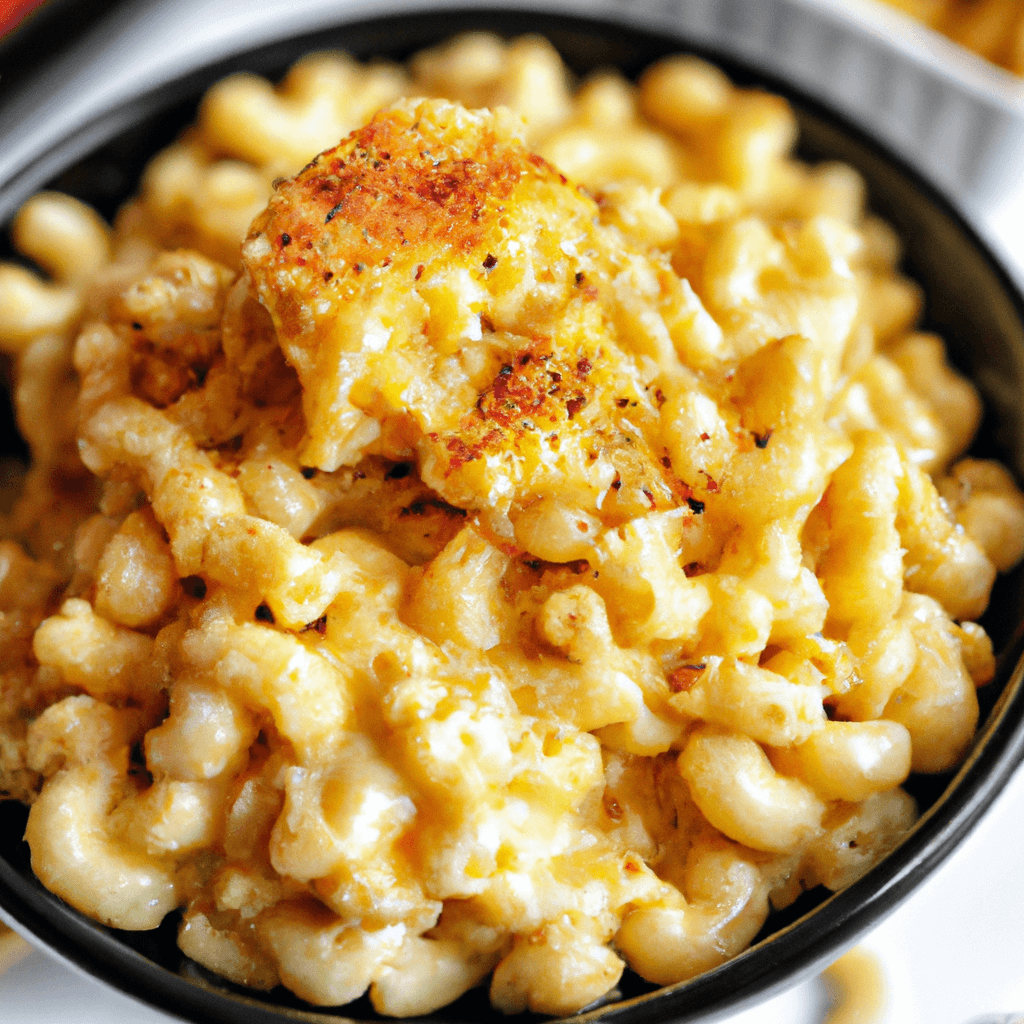 A serving of creamy mac n cheese from the air fryer, oozing with melted cheese and a crispy topping.