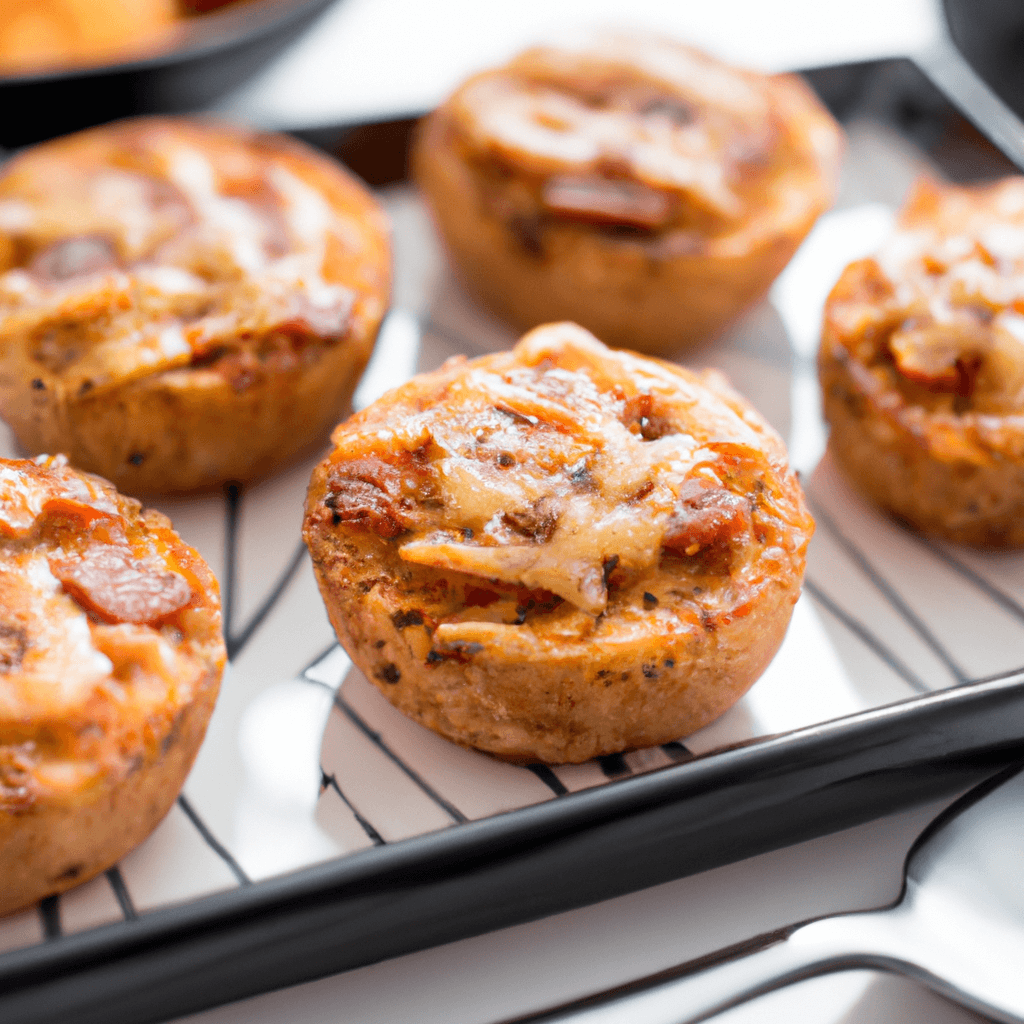 Air fryer basket filled with golden mini pizzas.