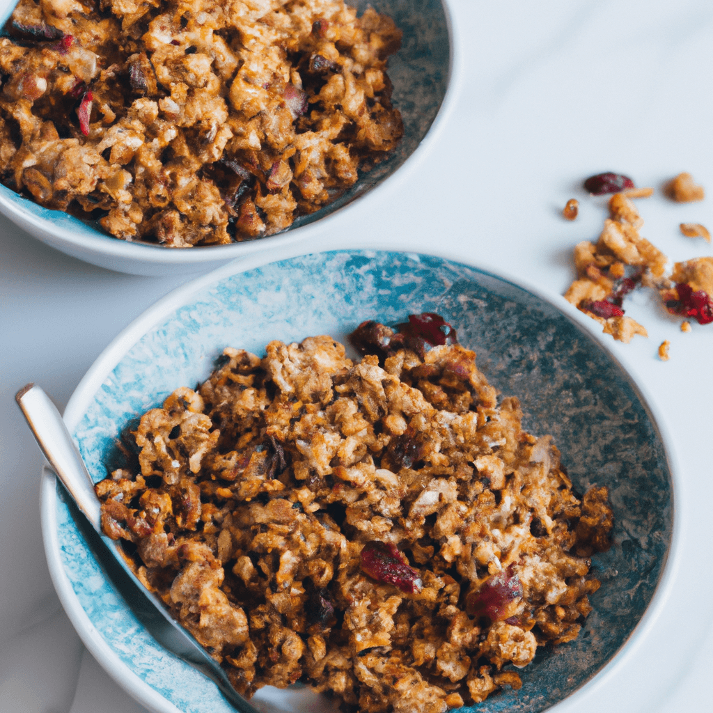 Air fryer basket with a golden-brown granola mixture inside.