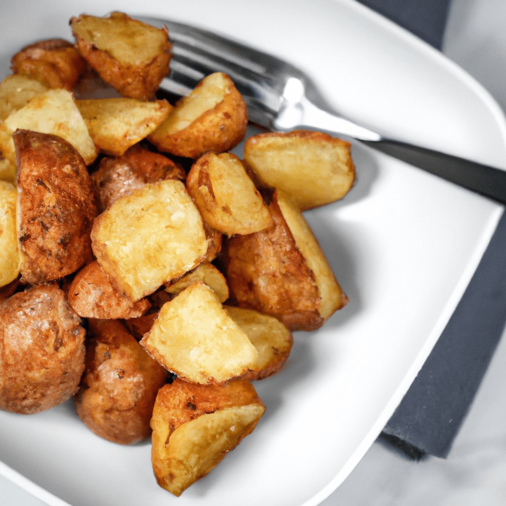 Air fryer basket containing rosemary garlic potatoes.