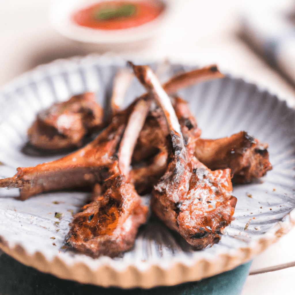 The air fryer basket filled with seasoned and cooked lamb cutlets