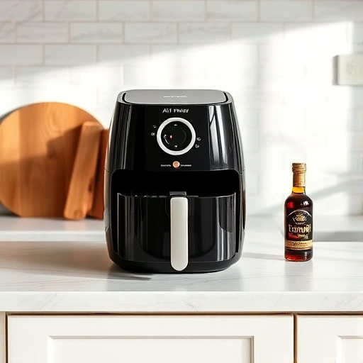 Measuring balsamic vinegar in a cup with an air fryer in the background
