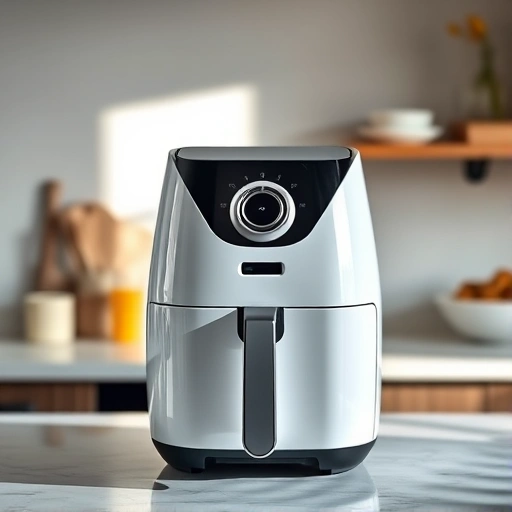 Measuring lemon juice in a cup next to an air fryer for recipe accuracy