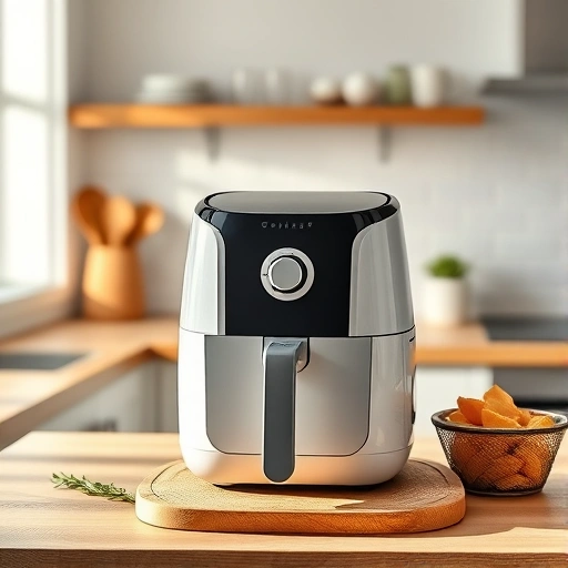 Measuring 1.25 cups of milk in a jug with an air fryer in the background