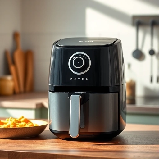 Measuring buttermilk in a cup next to an air fryer for accurate recipe conversions.
