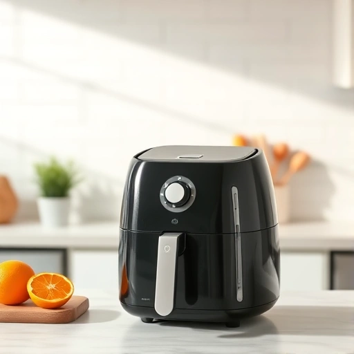 Measuring 1.75 cups of orange juice in a jug next to an air fryer