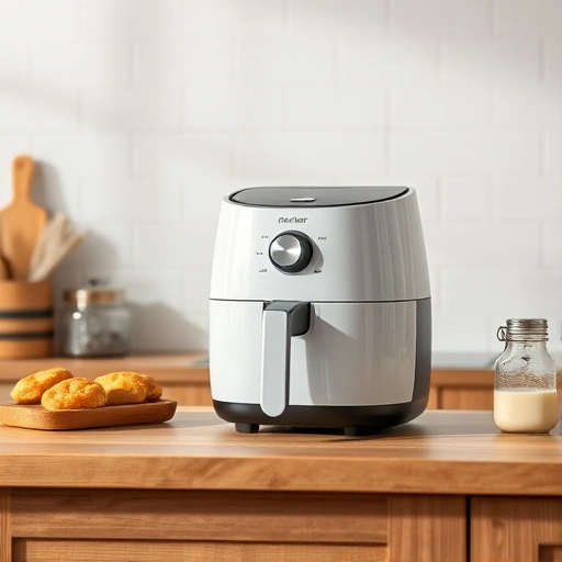 Measuring 2.0 cups of oat milk in a jug next to an air fryer
