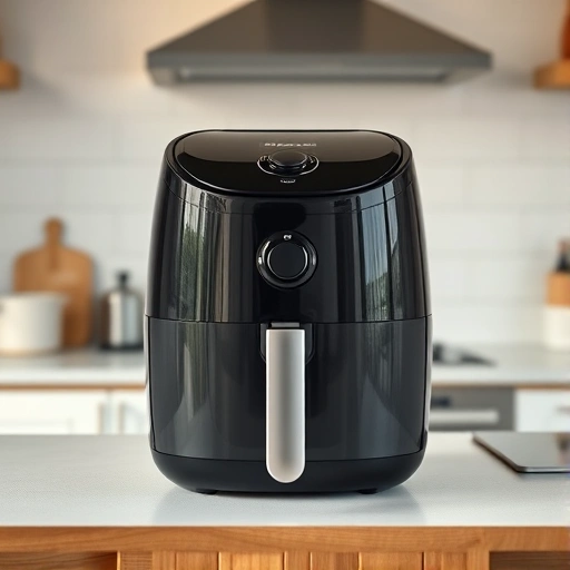 Measuring cup filled with 410 ml of oat milk next to an air fryer
