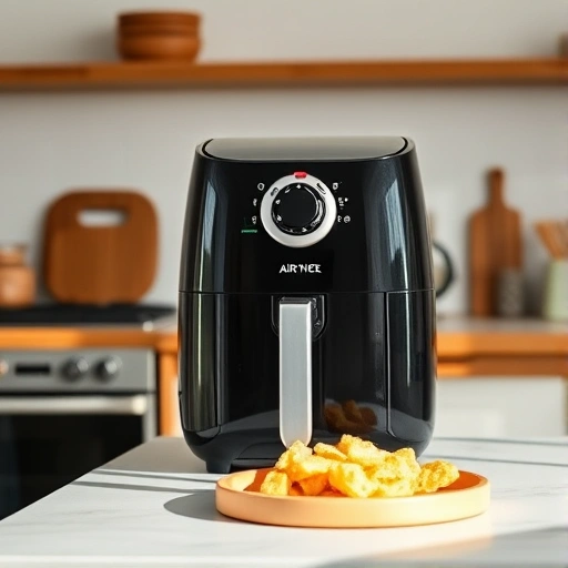 Digital kitchen scale measuring 10g of caster sugar next to air fryer