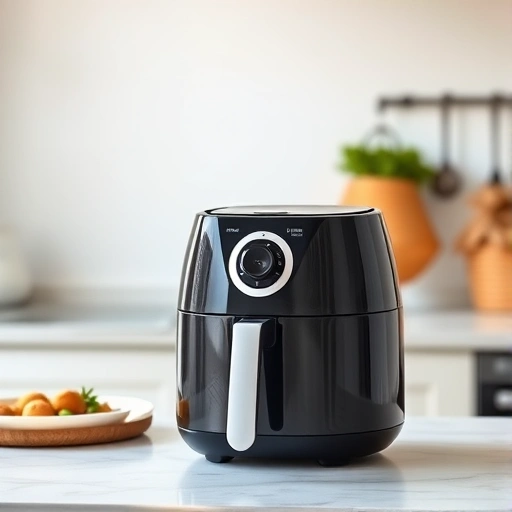 Digital kitchen scales measuring 150g of caster sugar next to an air fryer