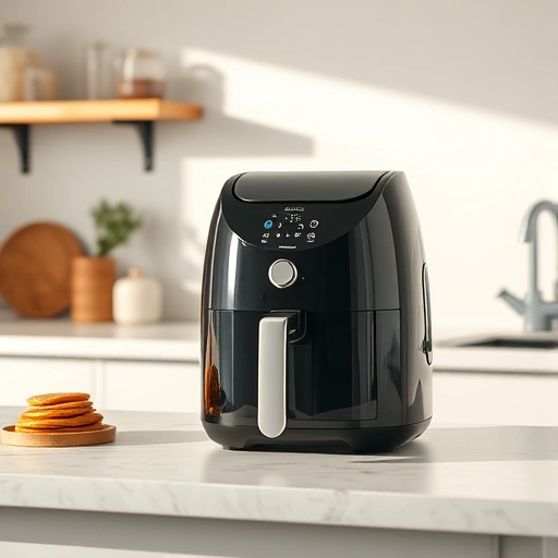 Digital kitchen scale measuring 15g of cocoa powder next to air fryer