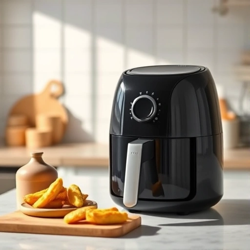 Measuring 40g of cornflour in a bowl next to an air fryer