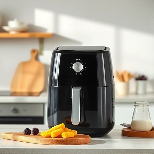 Measuring 50g of powdered milk in a bowl next to an air fryer