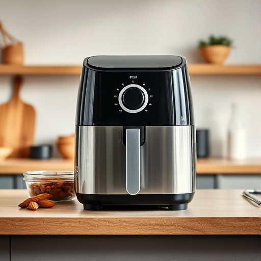 Measuring 25g of almond milk in a glass next to an air fryer