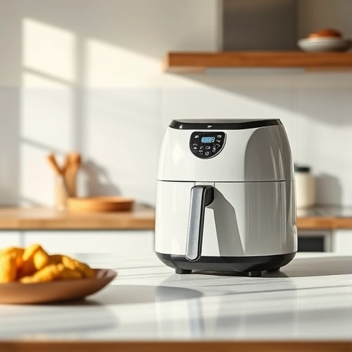Measuring 75g of almond milk in a glass next to an air fryer