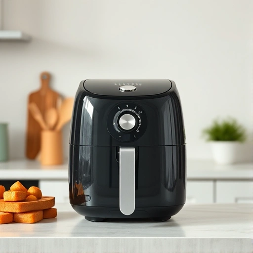 Measuring 50g of olive oil in a glass cup next to an air fryer