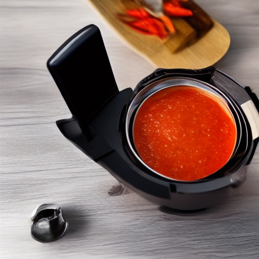 Measuring spoon with 10g of chilli sauce next to an air fryer