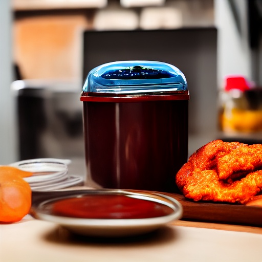 Measuring 10g of BBQ sauce in a small bowl next to an air fryer