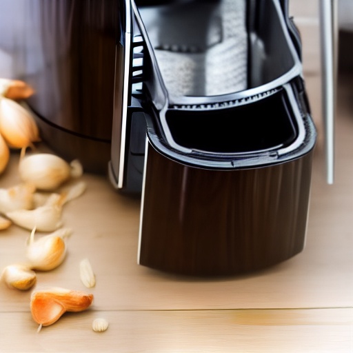 Measuring 50g of chopped garlic in a bowl next to an air fryer