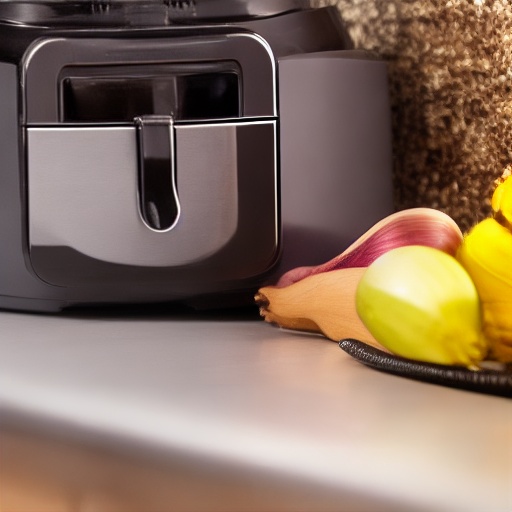 Digital kitchen scale measuring 10g of chopped onion next to an air fryer