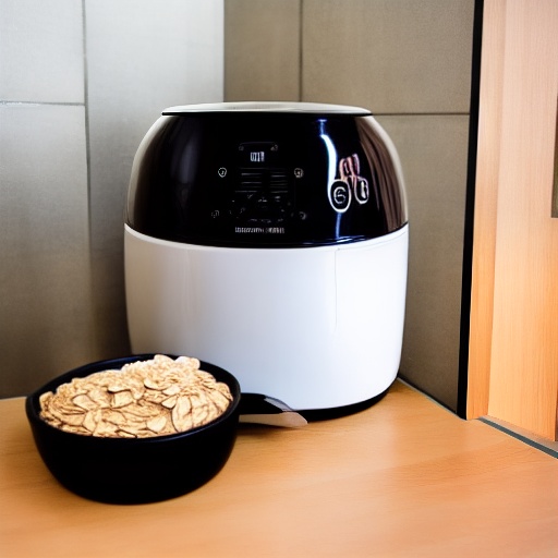 Measuring 25g of rolled oats in a bowl next to an air fryer