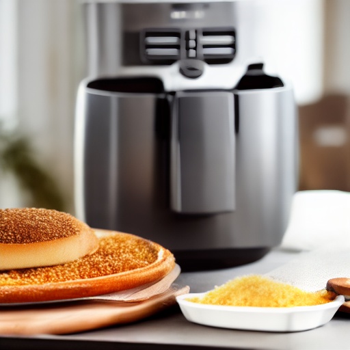25g of breadcrumbs measured in a bowl next to an air fryer