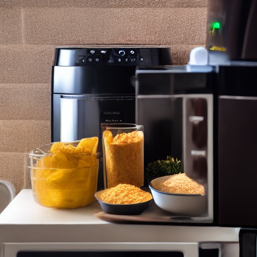 Measuring 40g of breadcrumbs in a bowl next to an air fryer