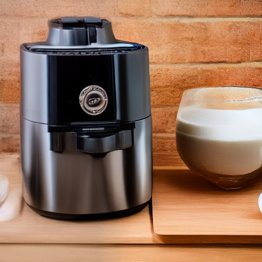 Measuring cup filled with almond milk next to an air fryer