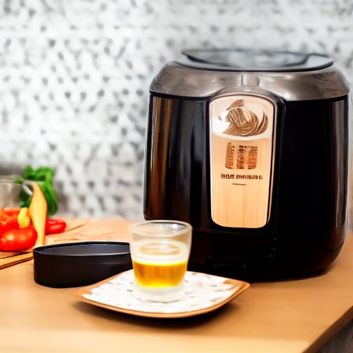 Measuring cup filled with sunflower oil next to an air fryer