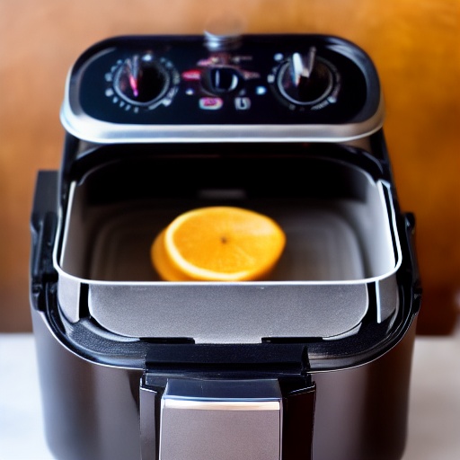 Measuring cup filled with baking powder next to an air fryer