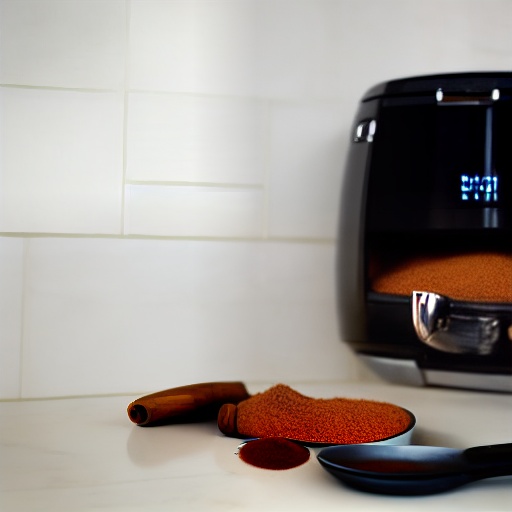 Measuring 0.25 cup of ground cinnamon in a bowl next to an air fryer
