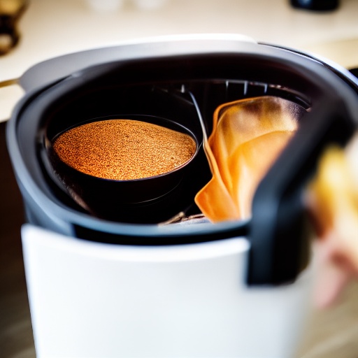 Measuring cup filled with beef stock next to an air fryer